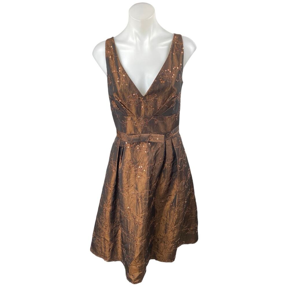 JS Collection Brown Satin Sequin Floral Embroidered Sleeveless Flare Dress 10